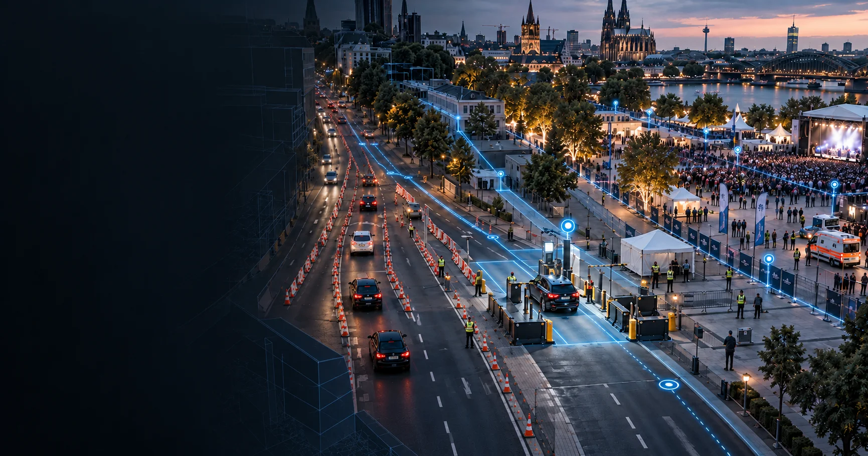 Vextario 1 Luftbild einer innerstädtischen Kreuzung, ein Fahrstreifen ist blau markiert und mit einem Standortpunkt versehen