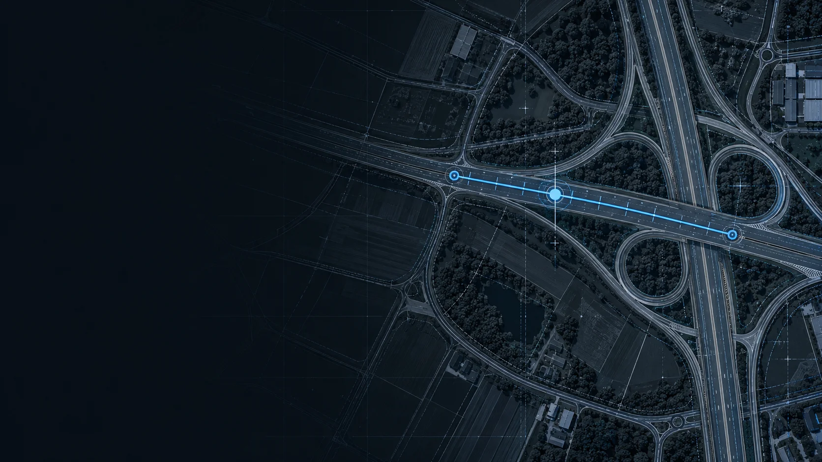 Netzknoten-Navigator 1 Luftbild eines Autobahnkreuzes, ein Straßenabschnitt zwischen zwei markierten Netzknoten ist blau hervorgehoben, ein Punkt markiert eine Position auf dem Abschnitt