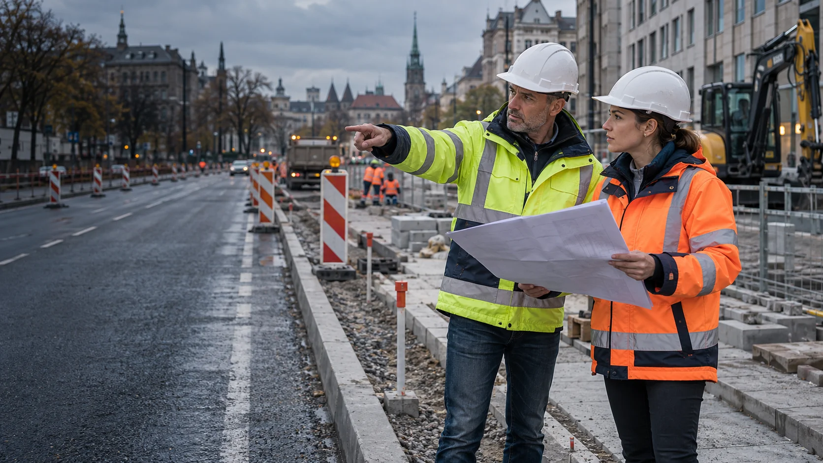 Vextario 8 Zwei Fachleute in Warnkleidung mit Schutzhelmen stehen mit einem Plan an einer innerstädtischen Straßenbaustelle, einer zeigt auf die Absperrung