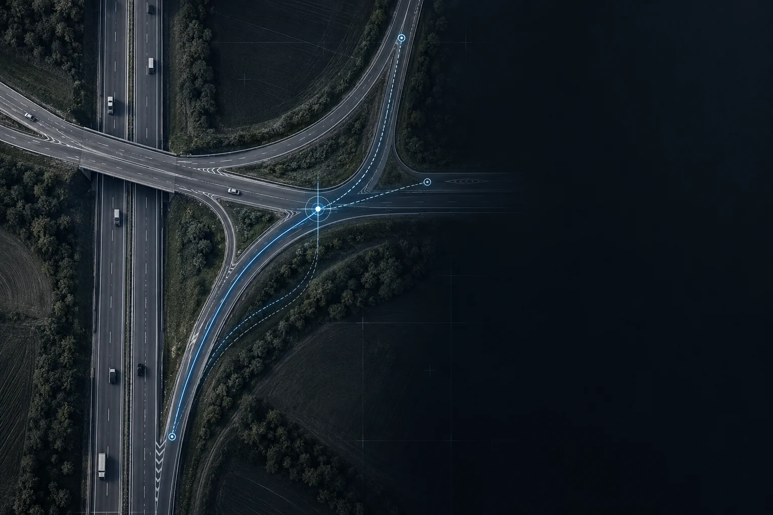 Schematische Darstellung eines Straßenabschnitts zwischen zwei Netzknoten, eine markierte Position auf der Referenzachse ist mit Maßlinien zu beiden Netzknoten versehen