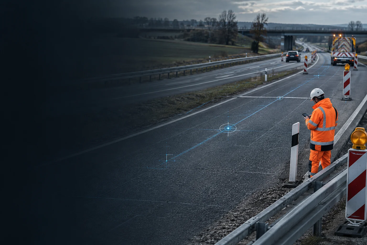 Netzknoten-Navigator 3 Mitarbeiter in Warnkleidung steht an einer abgesicherten Autobahn-Arbeitsstelle und bestimmt mit dem Smartphone eine markierte Position auf der Fahrbahn