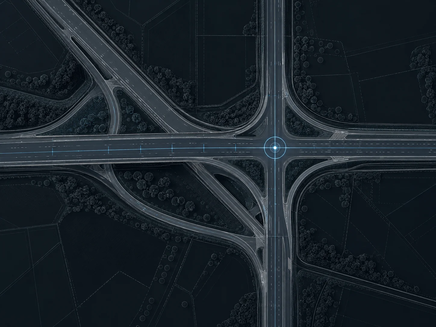 Vextario 3 Technische Draufsicht auf ein Straßennetz mit Autobahnkreuz, ein Knotenpunkt ist mit einem blauen Kreis markiert