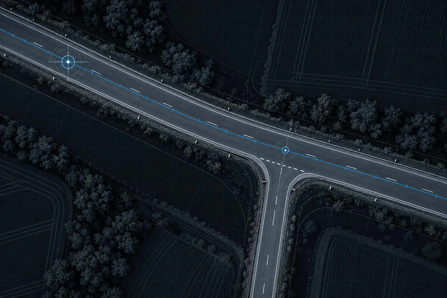 Netzknoten-Navigator 5 Draufsicht auf eine Landstraße mit Einmündung, auf der Straßenachse sind zwei Punkte markiert