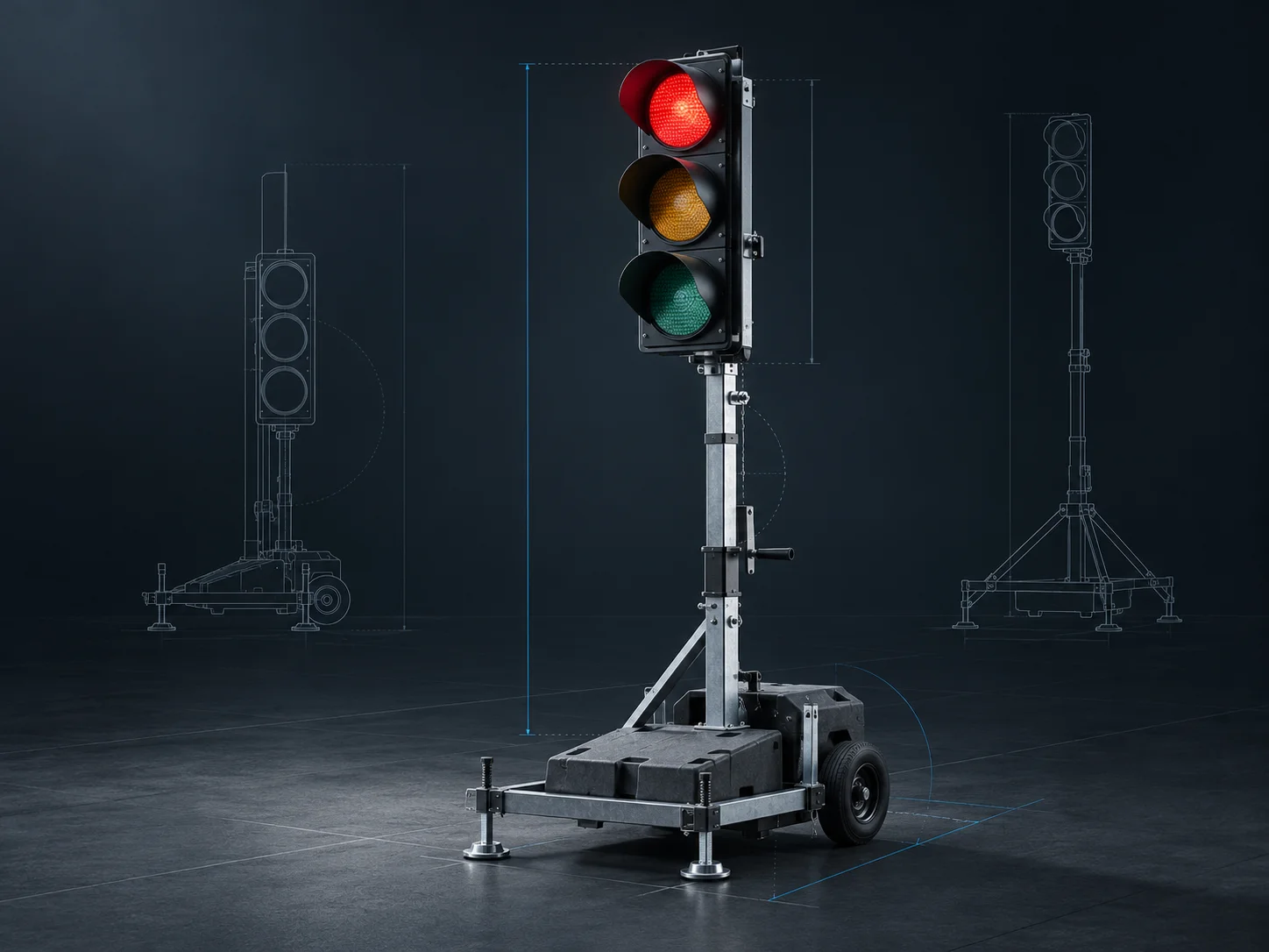 Vextario 5 Mobile Lichtsignalanlage auf einem Fahrgestell, daneben zwei technische Zeichnungen anderer Bauformen mit Maßlinien