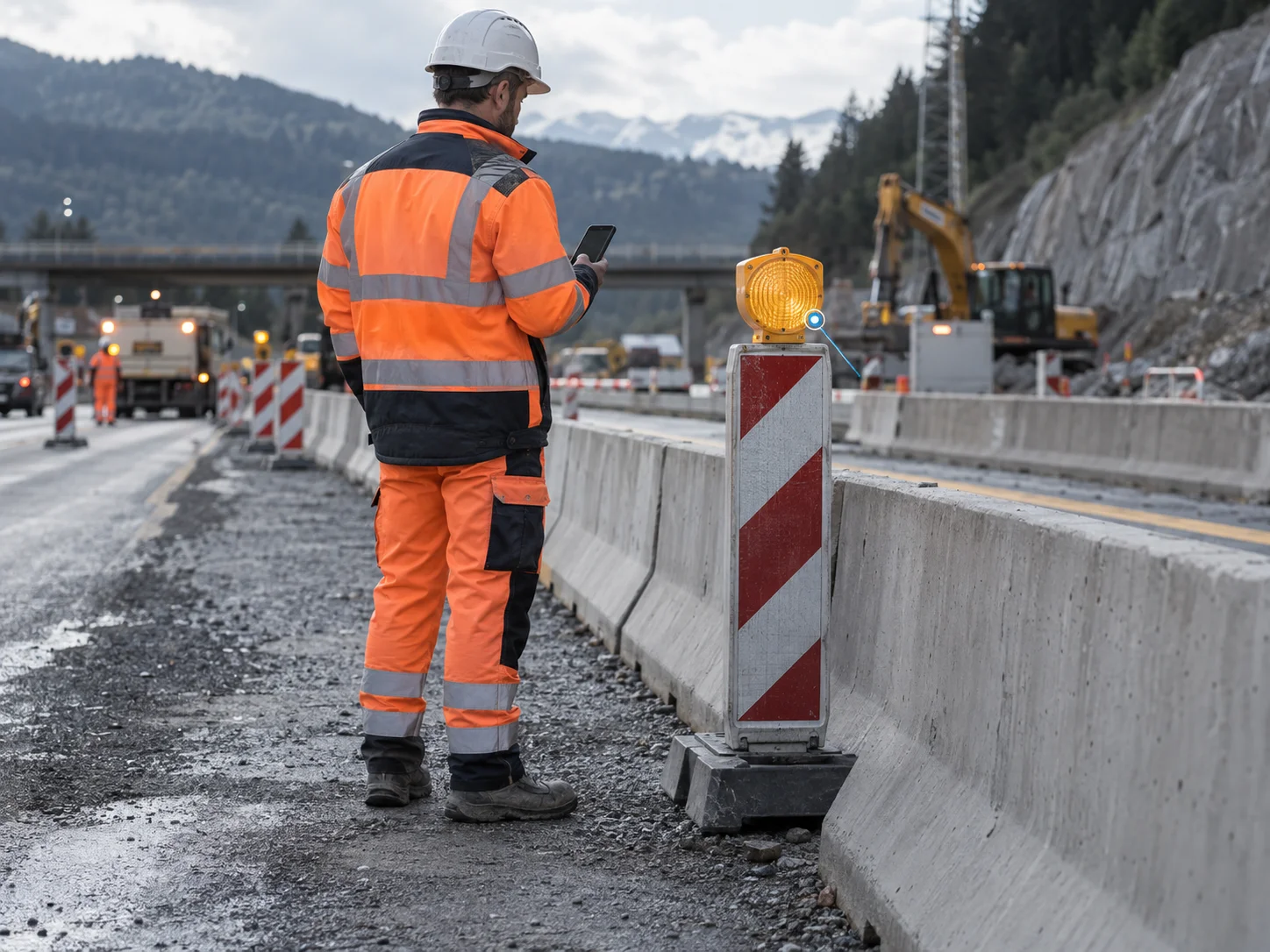 Vextario 6 Mitarbeiter in Warnkleidung an einer Arbeitsstelle prüft auf dem Smartphone eine Leitbake mit Warnleuchte
