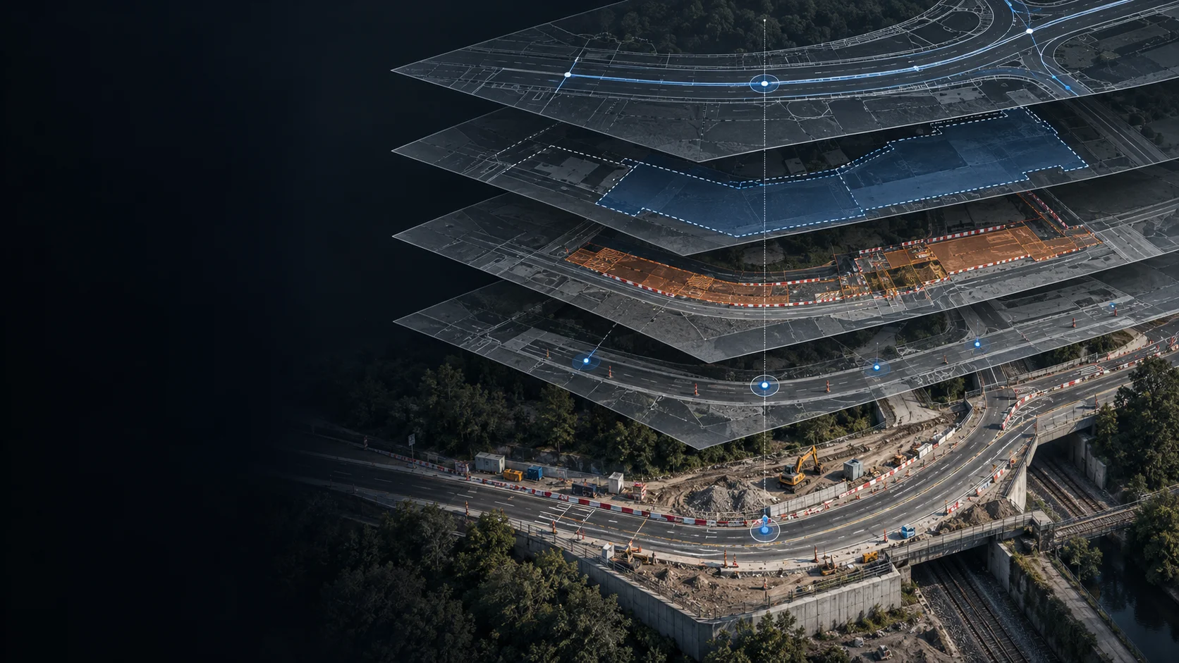 Vextario 7 Mehrere übereinanderliegende Kartenebenen über einer Straßenbaustelle, verbunden durch eine senkrechte Linie mit Datenpunkten