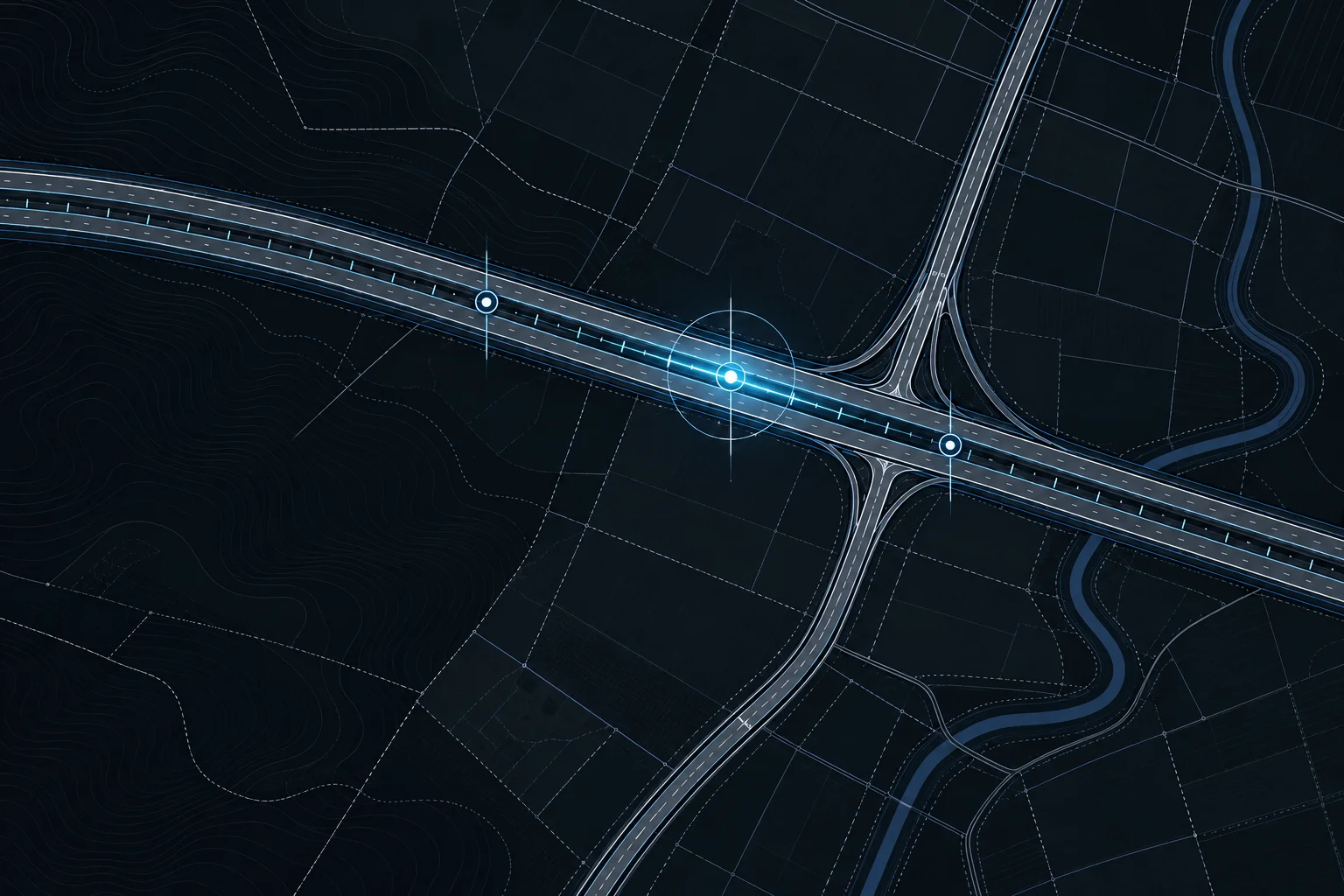 Kartenansicht eines Straßenverlaufs mit Netzknoten und einer markierten Position auf einem Straßenabschnitt