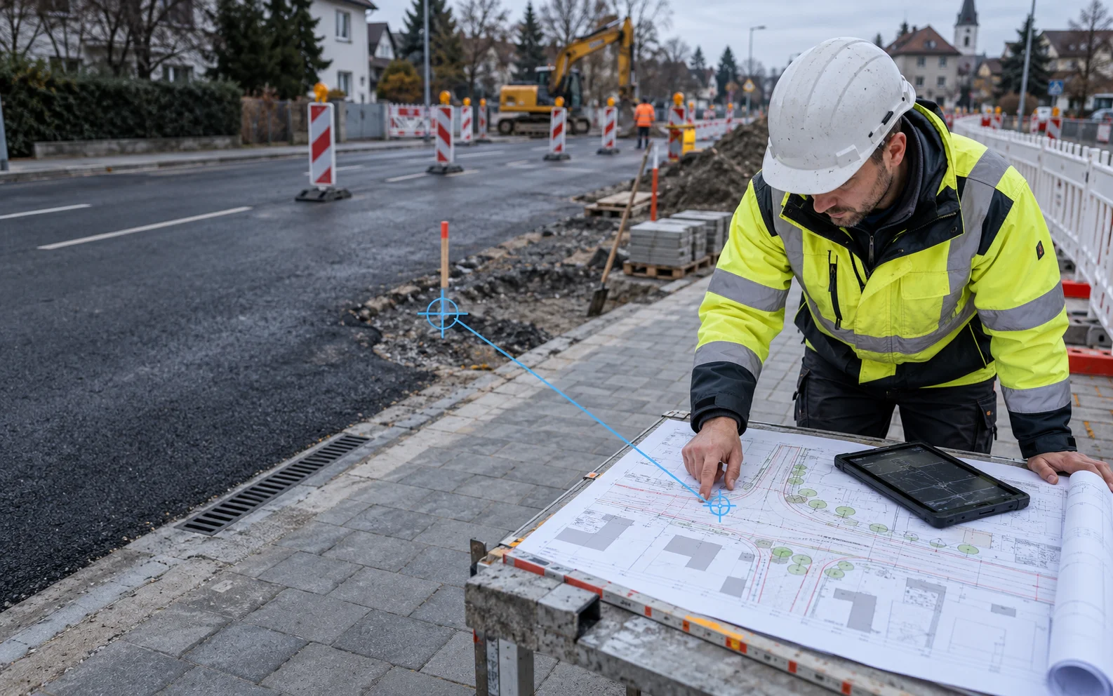Koordinaten-Umrechner 5 Bauleiter mit Helm und Warnjacke an einer Straßenbaustelle, der auf einen Lageplan zeigt; eine Linie verbindet einen markierten Punkt am Fahrbahnrand mit der Position im Plan