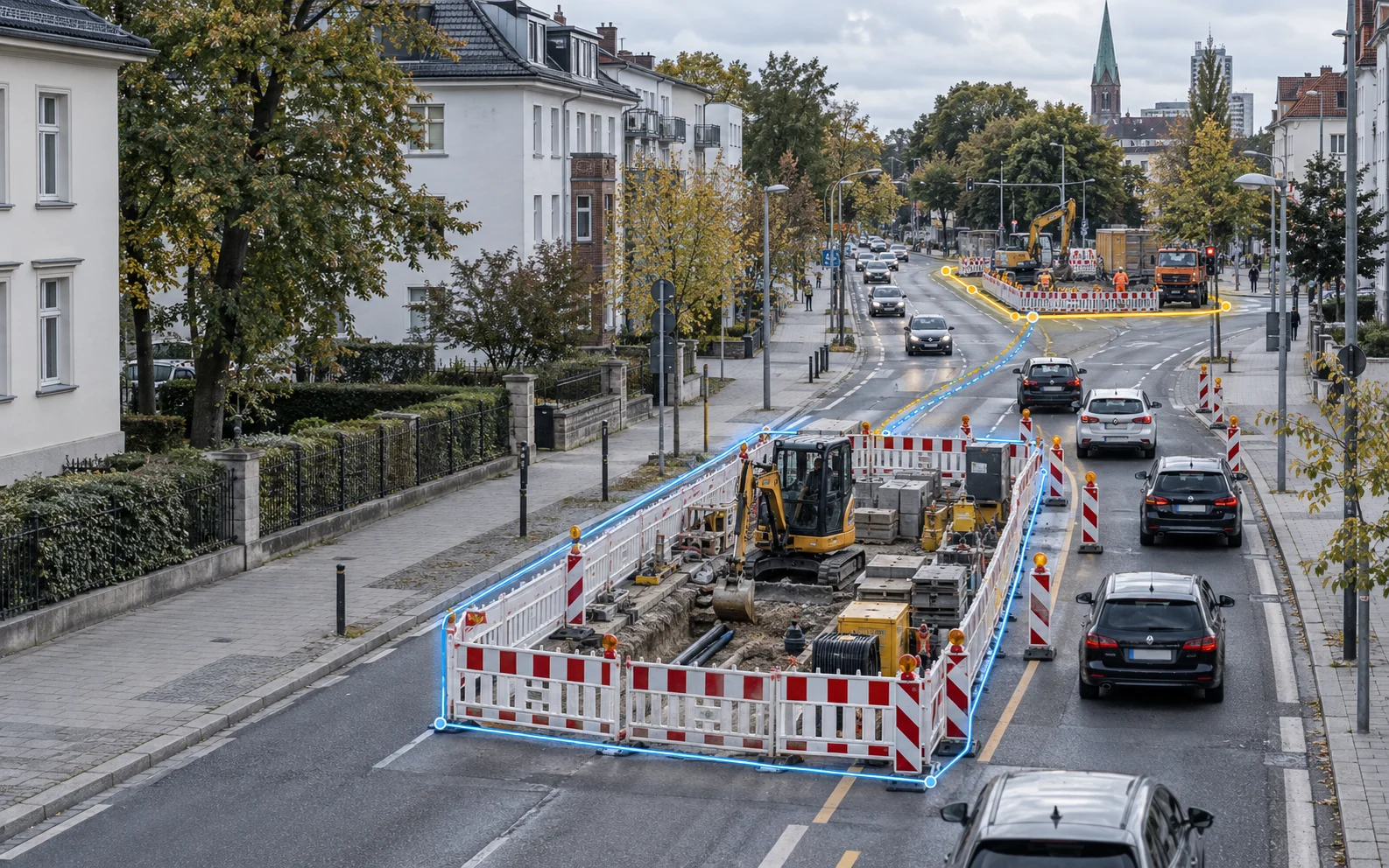 Baustellen-Konfliktcheck 2 Abgesicherte Baugrube auf einer innerstädtischen Straße, blau umrandet, weiter hinten eine zweite, gelb markierte Baustelle auf derselben Straße