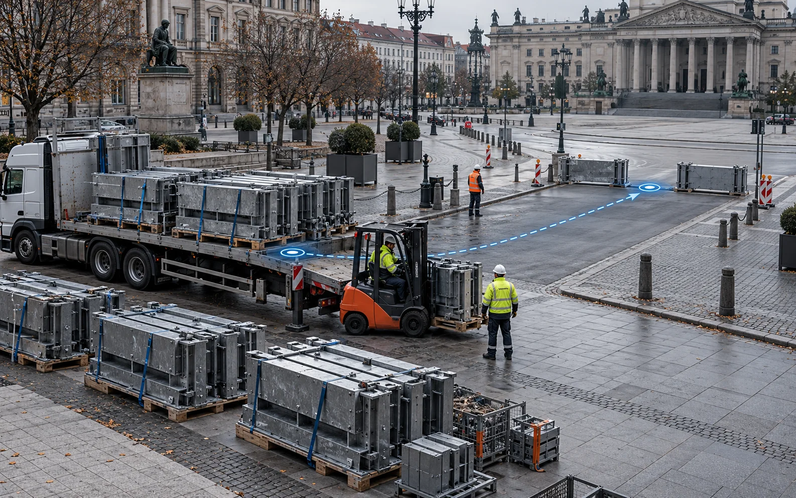 Veranstaltungssicherheit 3 Anlieferung mobiler Fahrzeugsperren auf einem Innenstadtplatz: Lkw, Gabelstapler und Einsatzkräfte in Warnkleidung, eine gestrichelte Linie führt zur vorgesehenen Aufstellposition