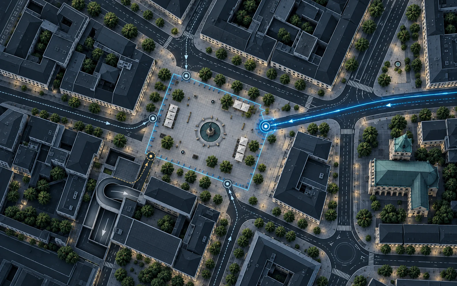 Zufahrtsschutz 2 Luftbild eines Innenstadtplatzes, der Schutzbereich ist blau umrandet, mögliche Zufahrten und Annäherungswege sind mit Pfeilen und Markierungen hervorgehoben