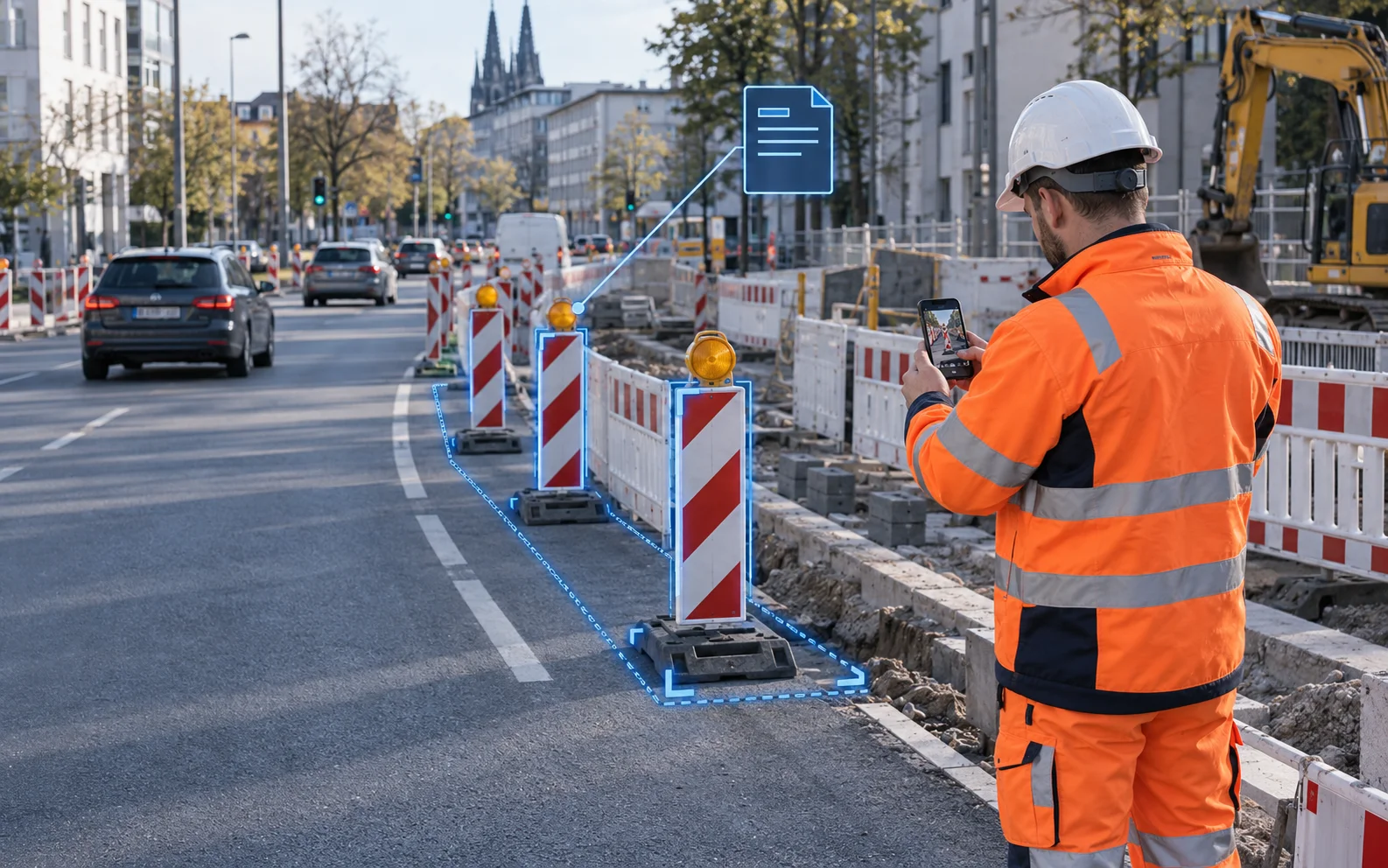 Connect 4 Mitarbeiter in Warnkleidung fotografiert an einer Baustelle aufgestellte Leitbaken mit dem Smartphone, die Baken sind markiert und mit einem Dokument verbunden