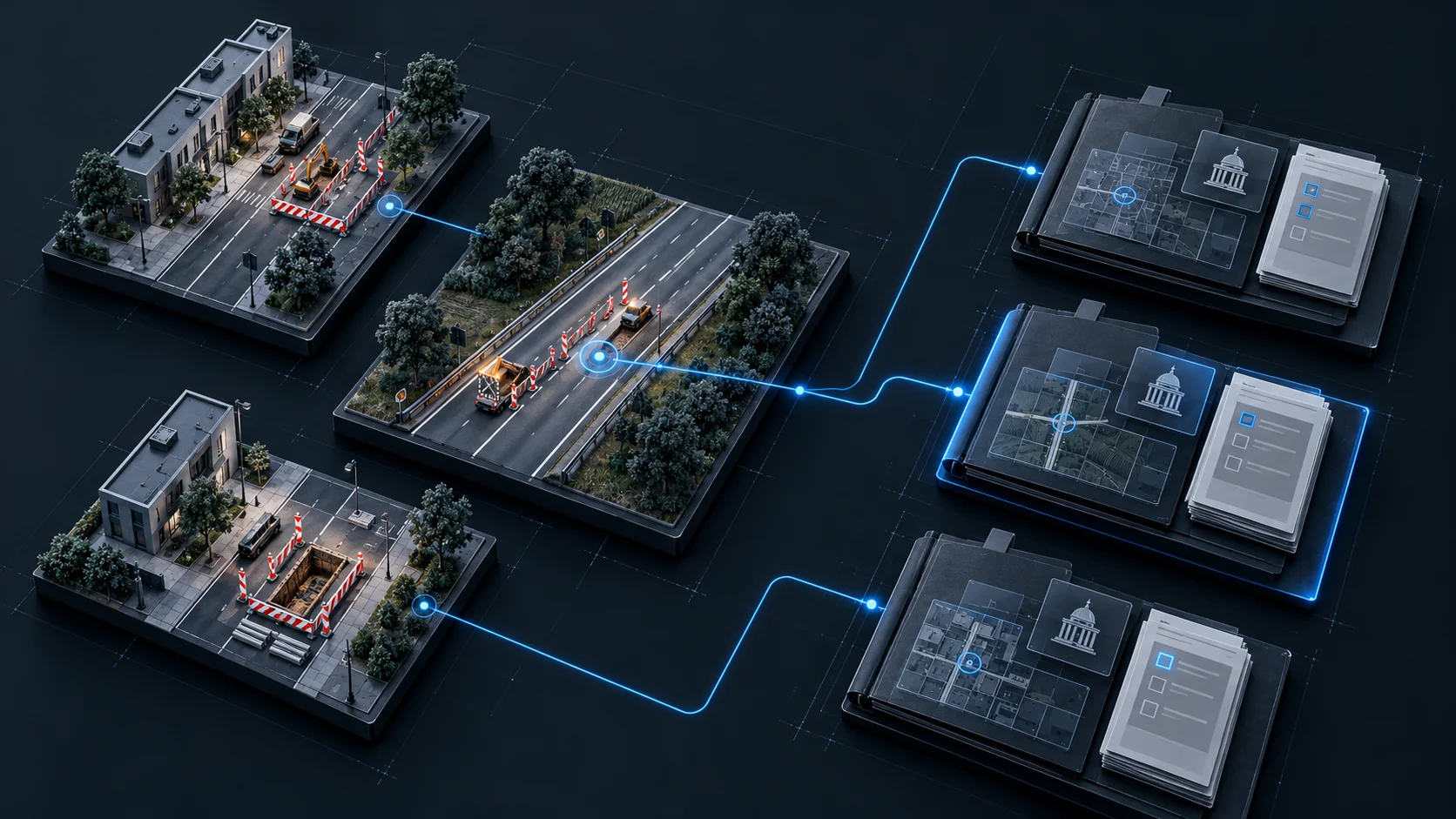 Behörden-Navigator - zuständige Straßenverkehrsbehörde finden 6 Schematische Darstellung: mehrere Arbeitsstellen sind jeweils mit einem Behördenvorgang verbunden