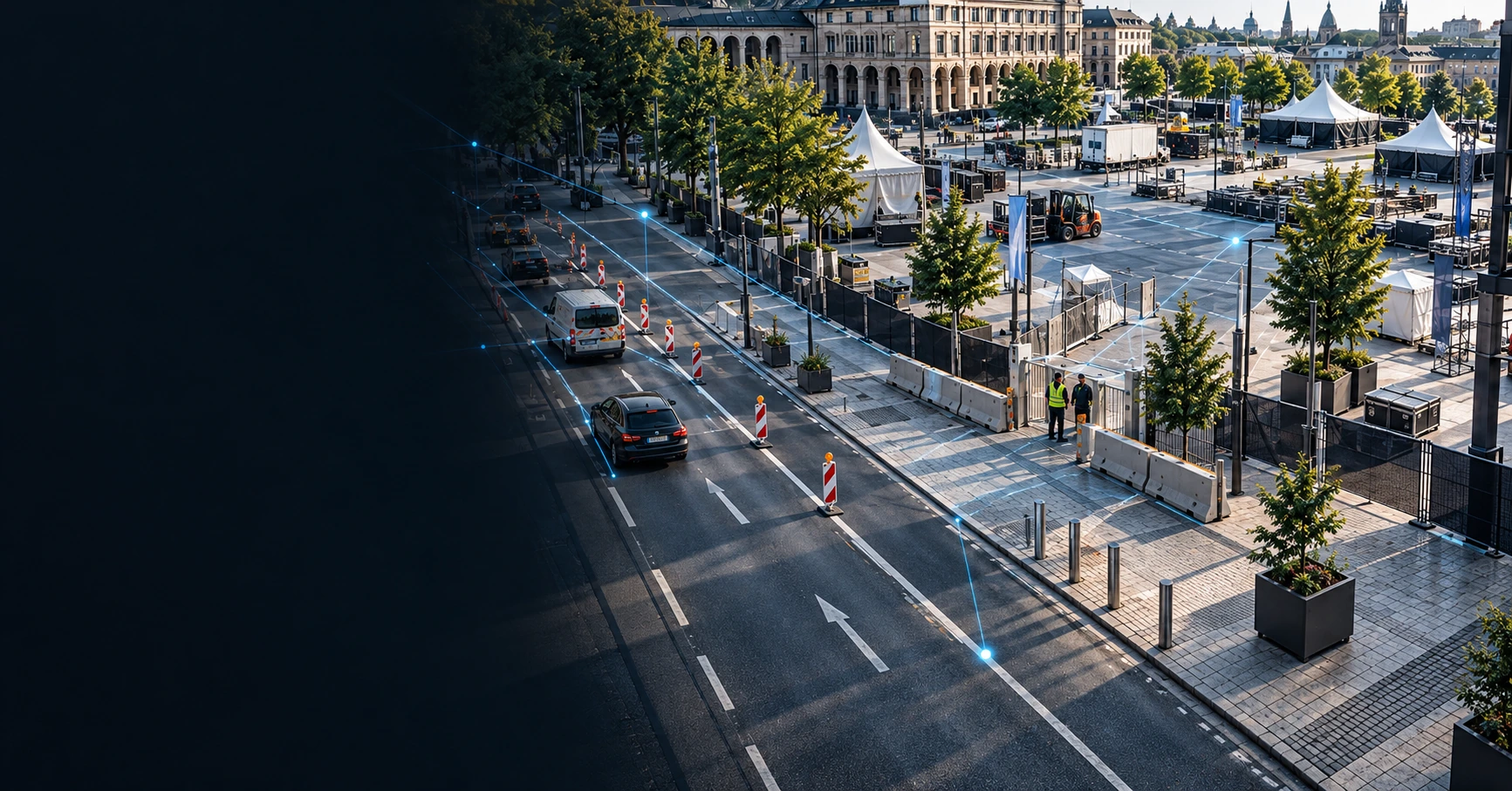 Initiativen und Verbände 1 Luftbild einer innerstädtischen Straße mit Verkehrssicherung, Zufahrtsschutz und Veranstaltungsaufbau