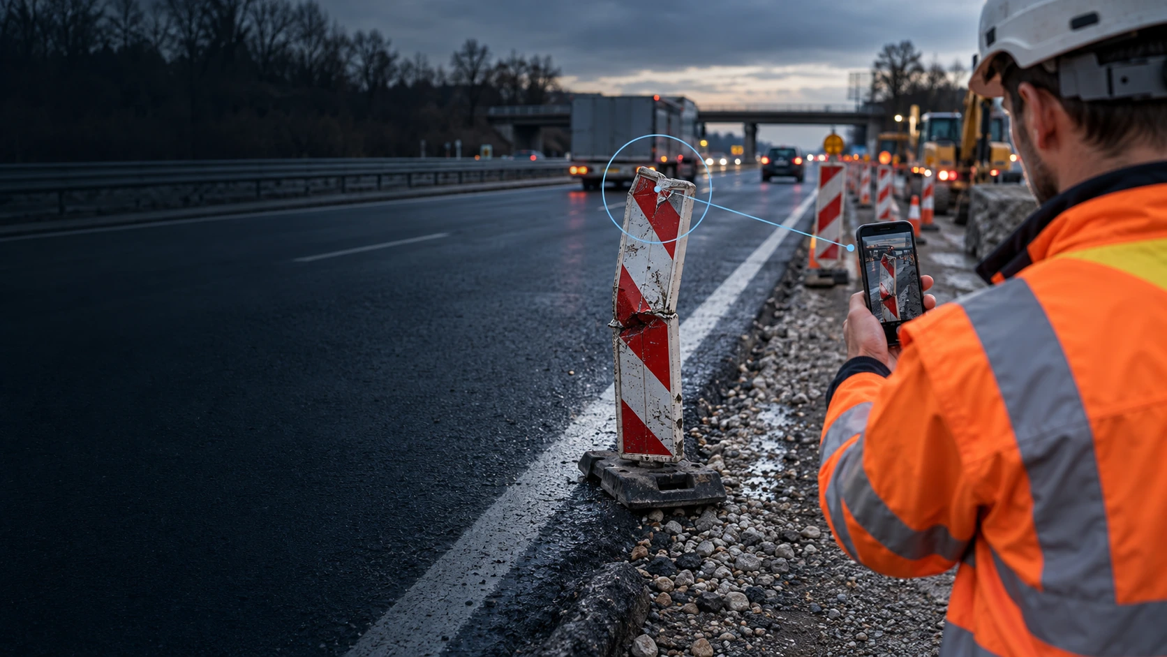 Kontrollfahrt 2 Mitarbeiter in Warnkleidung fotografiert an einer Autobahnbaustelle eine beschädigte, schief stehende Leitbake mit dem Smartphone.