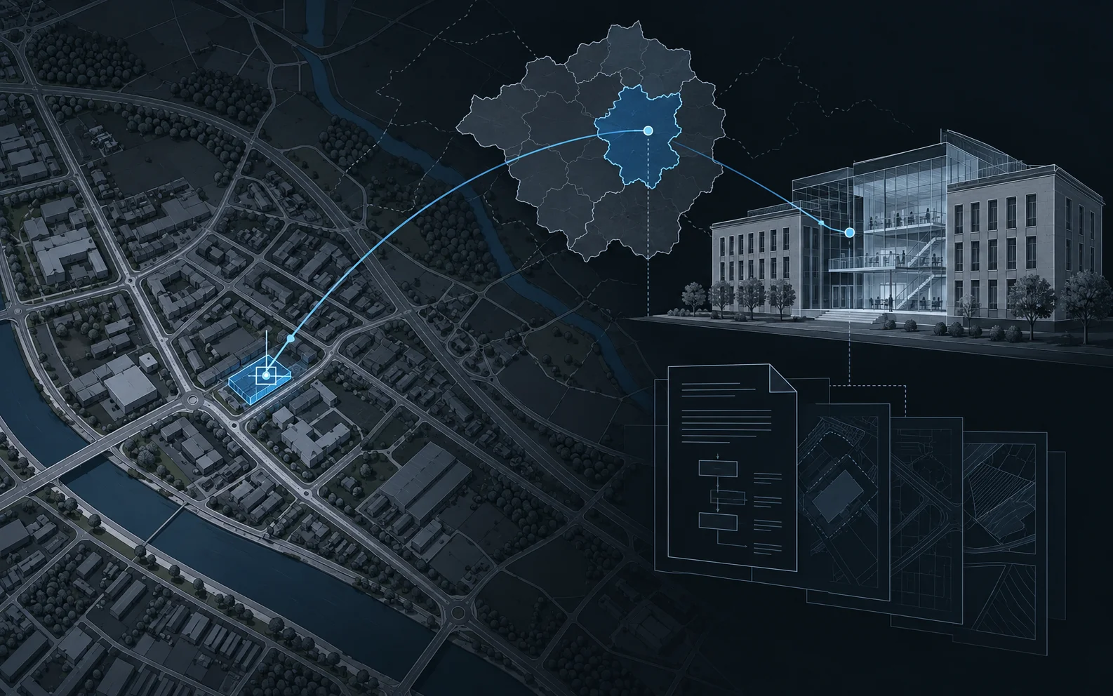 Zufahrtsschutz 5 Technischer Stadtplan mit markiertem Einsatzort, einer Linie zum hervorgehobenen Verwaltungsbezirk und weiter zu einem Verwaltungsgebäude mit zugehörigen Unterlagen