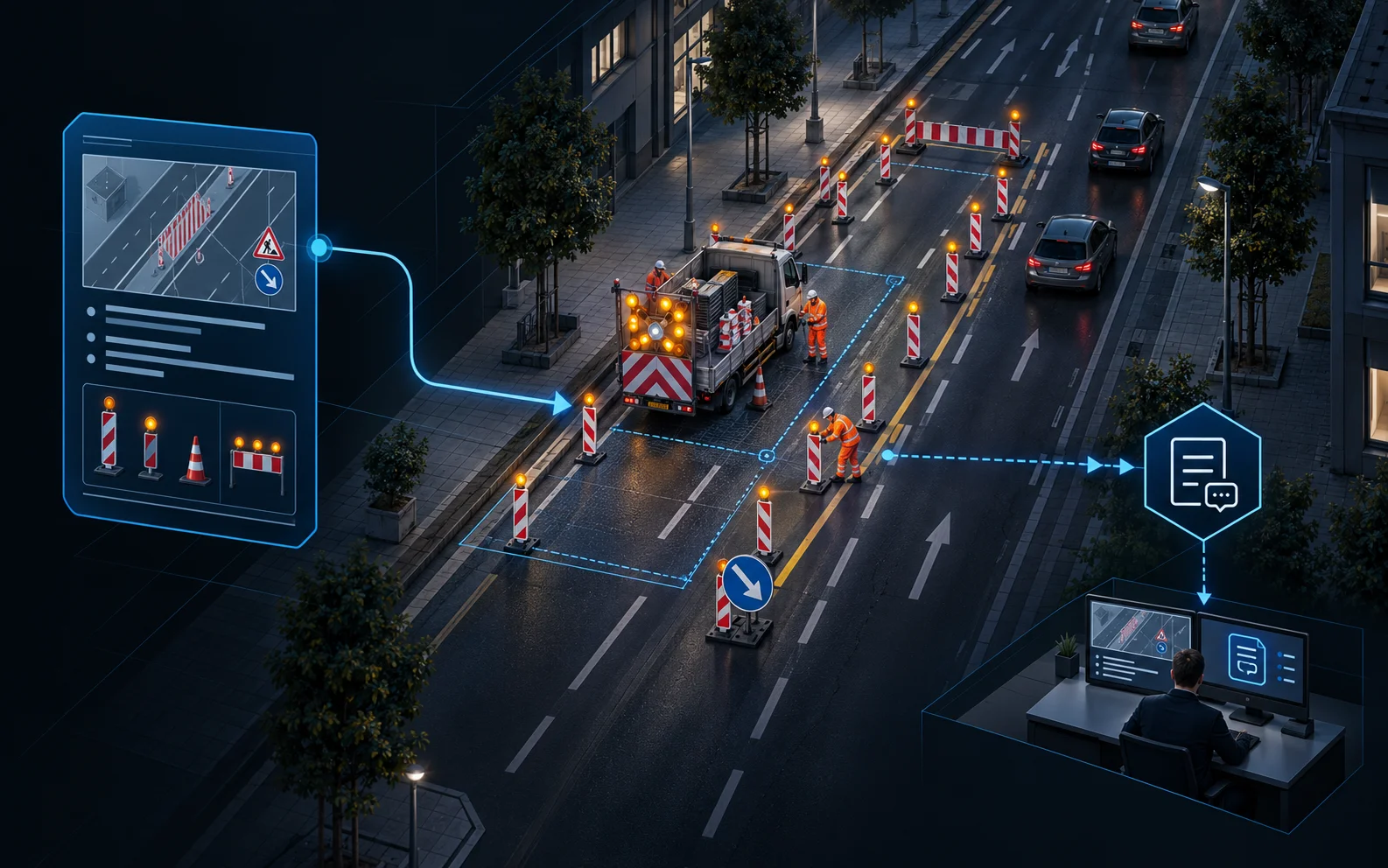 Connect 1 Abendliche Baustelle mit Fahrbahneinengung: Ein Plan mit Sicherungsmaterial ist mit der Einsatzstelle verbunden, von dort führt eine Rückmeldung zu einem Arbeitsplatz in der Disposition