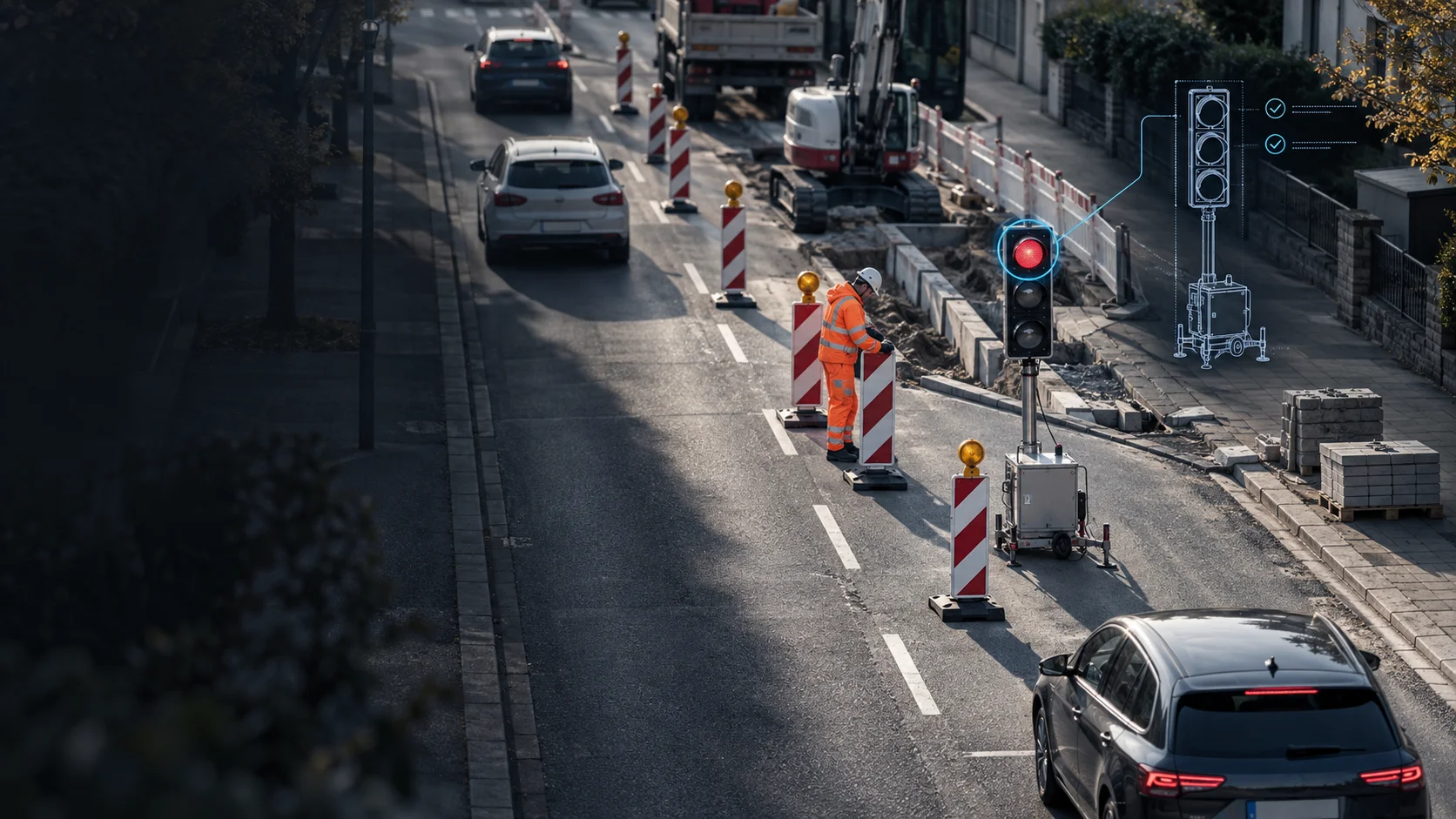 Innerörtliche Arbeitsstelle mit halbseitiger Sperrung: Leitbaken mit Warnleuchten, eine mobile Lichtsignalanlage und ein Arbeiter in Warnkleidung, daneben eine schematische Einblendung der Lichtsignalanlage mit Prüfhaken