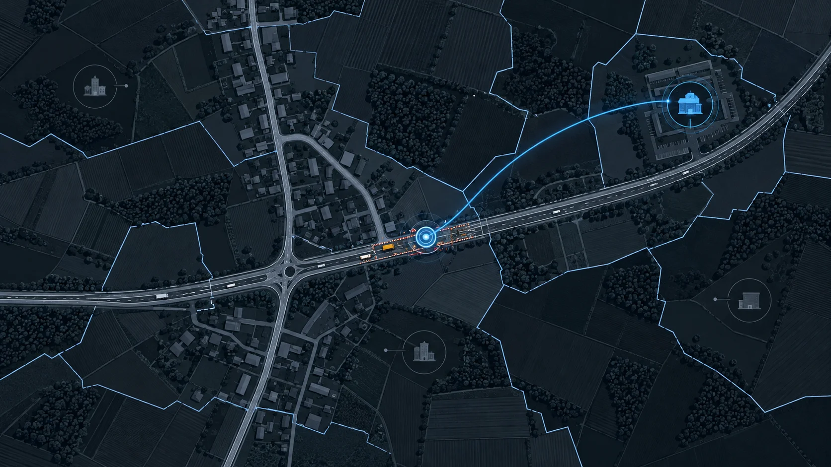 Behörden-Navigator - zuständige Straßenverkehrsbehörde finden 3 Karte mit Verwaltungsgrenzen, einer markierten Arbeitsstelle an einer Landstraße und der Verbindung zur zuständigen Behörde