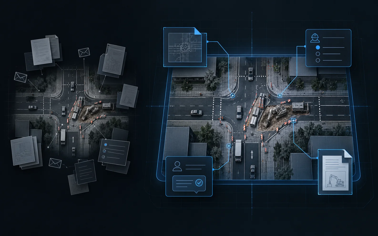 Connect 2 Gegenüberstellung: links eine Baustelle, um die verstreute Dokumente, Pläne und E-Mails liegen, rechts dieselbe Baustelle in einem abgegrenzten Arbeitsraum, mit dem Plan, Aufgabenliste, Ansprechpartner und Dokument verbunden sind