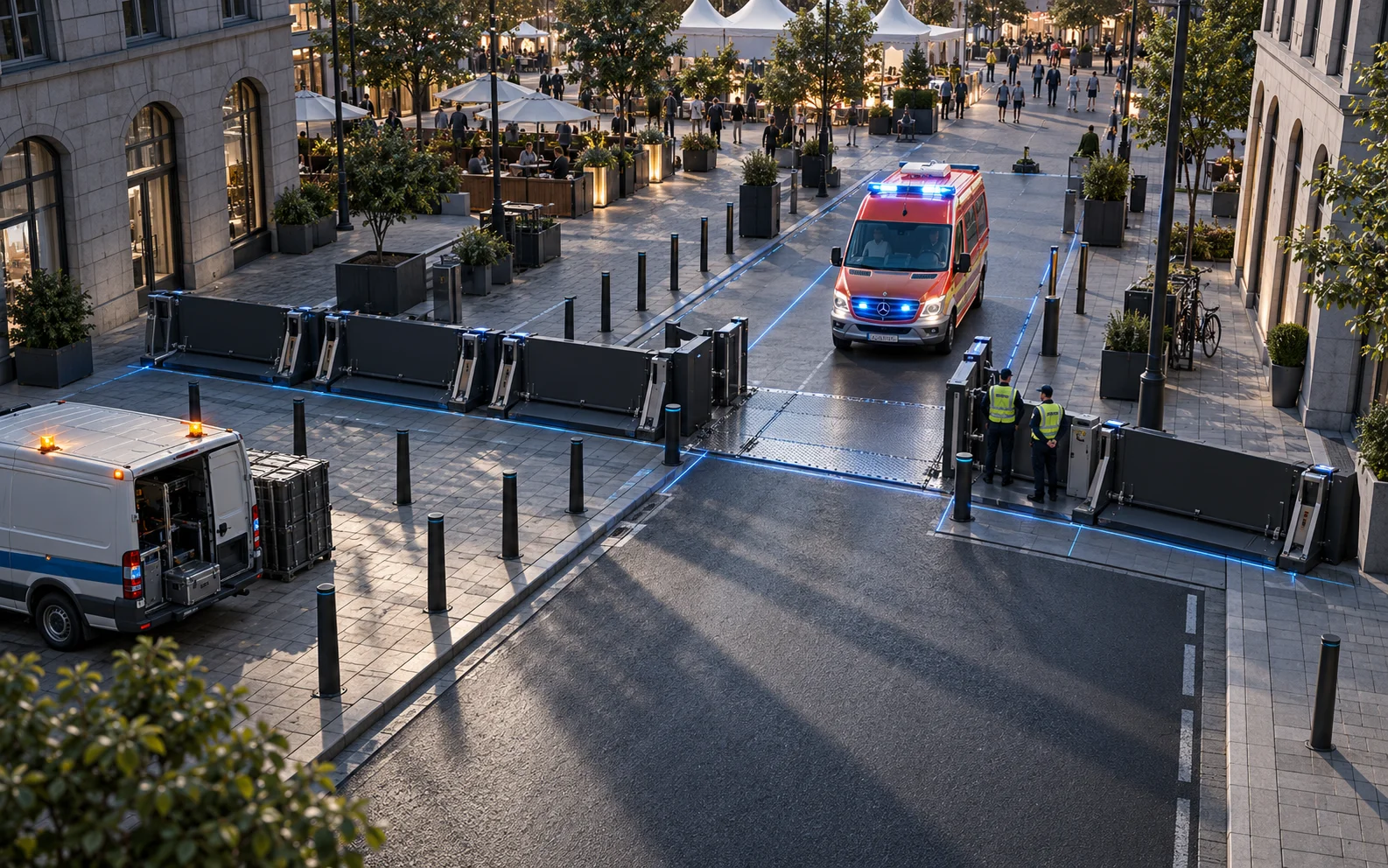 Lösungen 3 Gesicherte Zufahrt zu einer Innenstadtveranstaltung mit mobilen Fahrzeugsperren, Pollern und einer geöffneten, kontrollierten Durchfahrt, durch die ein Rettungsfahrzeug fährt; zwei Einsatzverantwortliche stehen an der Durchfahrt