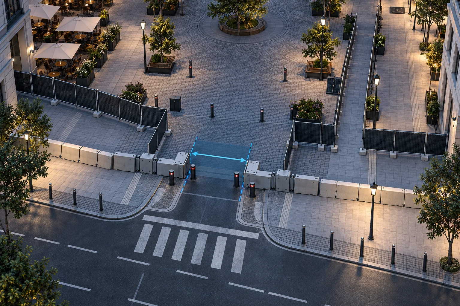Zufahrt zu einem Platz, die durch Betonblöcke, Poller und Zäune begrenzt ist; die verbleibende Durchfahrtsbreite ist mit einem Maßpfeil markiert