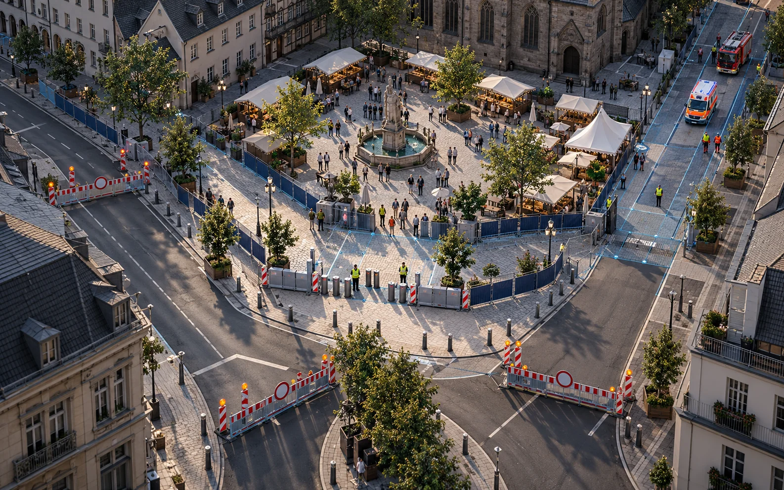 Lösungen 4 Luftbild eines Stadtfestes auf einem Marktplatz mit Ständen und Zelten, abgesperrten Zufahrtsstraßen, Bauzäunen, Fahrzeugsperren, Ordnungskräften und einem freigehaltenen Rettungsweg mit Einsatzfahrzeugen