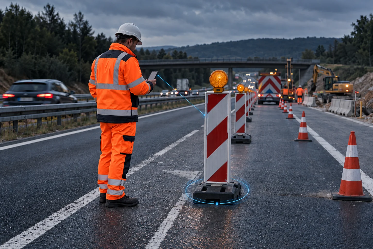 Mitarbeiter in Warnkleidung prüft an einer Arbeitsstelle mit dem Tablet eine Leitbake mit Warnleuchte