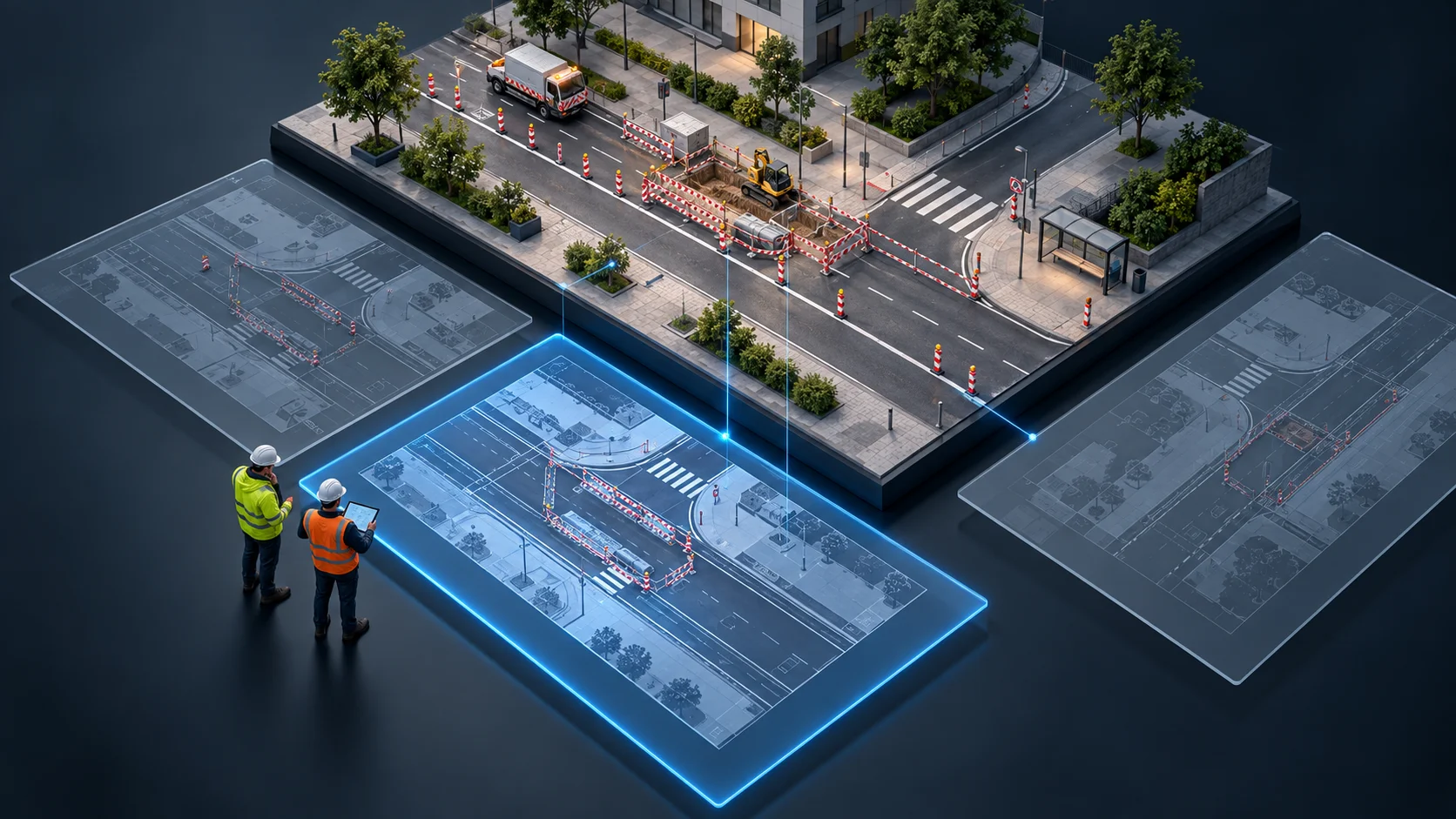 Modell einer Straße mit Arbeitsstelle, davor drei Planstände als Planblätter; der aktuelle Planstand ist blau hervorgehoben und wird von zwei Fachleuten besprochen