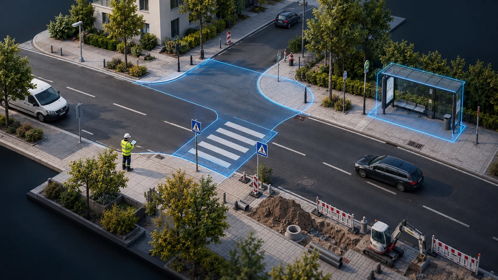 Ortsaufnahme an einer innerstädtischen Kreuzung: Eine Person mit Tablet steht am Gehweg, Fahrbahnränder, Fußgängerüberweg und Haltestelle sind blau hervorgehoben, im Vordergrund liegt eine kleine Baustelle