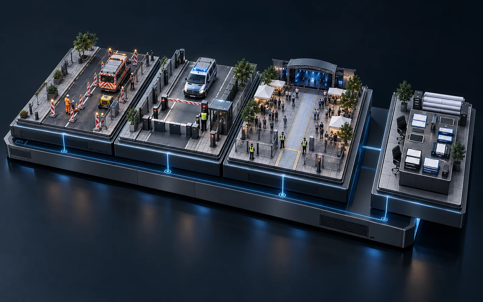 Vier getrennte Fachbausteine auf einer gemeinsamen Grundplatte: Arbeitsstelle mit Verkehrssicherung, kontrollierte Zufahrt mit Fahrzeugsperren, Veranstaltungsbereich mit Bühne und ein Büroarbeitsplatz mit Plänen, jeweils über eine blaue Linie mit der Grundplatte verbunden