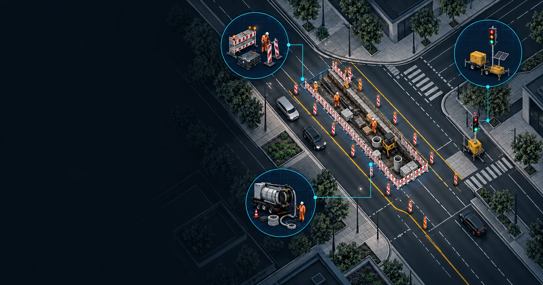 Connect 5 Luftbild einer Baustelle mit Fahrbahneinengung an einer Kreuzung, hervorgehoben sind Absperrmaterial mit einem Mitarbeiter, eine mobile Lichtsignalanlage und ein Spezialfahrzeug eines Dienstleisters