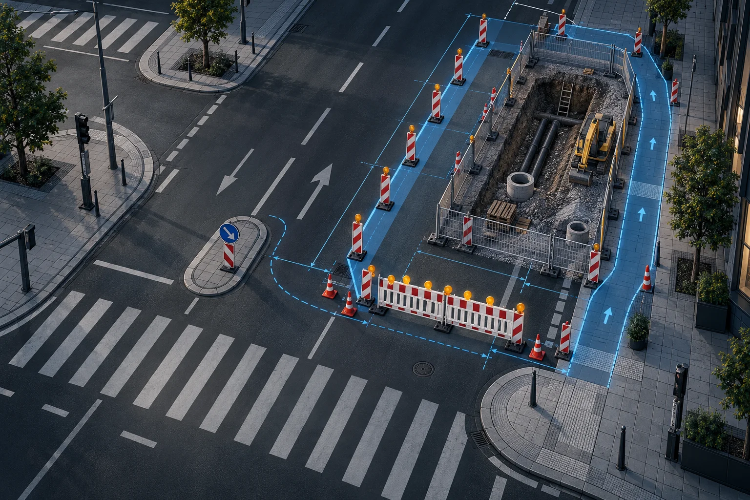Abgesicherte Baugrube an einer Kreuzung mit Leitbaken, Absperrschranken und einer markierten Umleitung für Fußgänger entlang der Baustelle