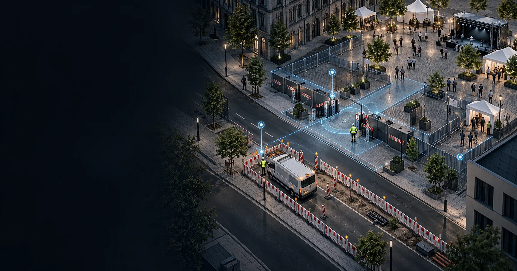 Lösungen 1 Innenstadt am Abend aus der Vogelperspektive: eine abgesicherte Straßenbaustelle mit Absperrschranken, Leitbaken und Verkehrssicherungsfahrzeug, eine kontrollierte Zufahrt mit Fahrzeugsperren und ein Veranstaltungsplatz mit Bühne, verbunden durch hervorgehobene Planungslinien