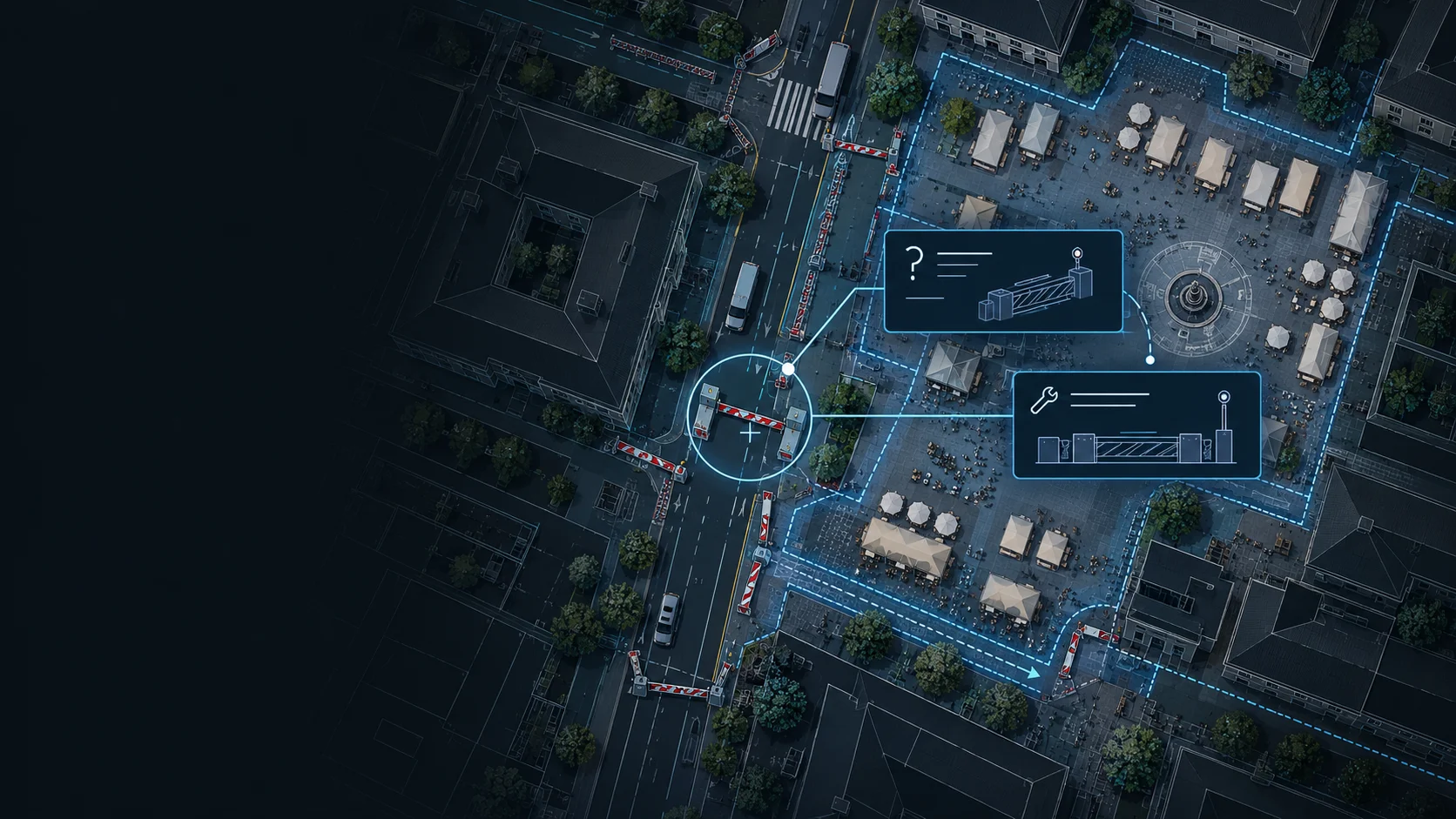 Draufsicht auf eine Straße neben einem Veranstaltungsplatz; eine Sperrstelle ist eingekreist und mit zwei schematischen Hinweiskarten verbunden, eine mit Fragezeichen, eine mit Werkzeugsymbol