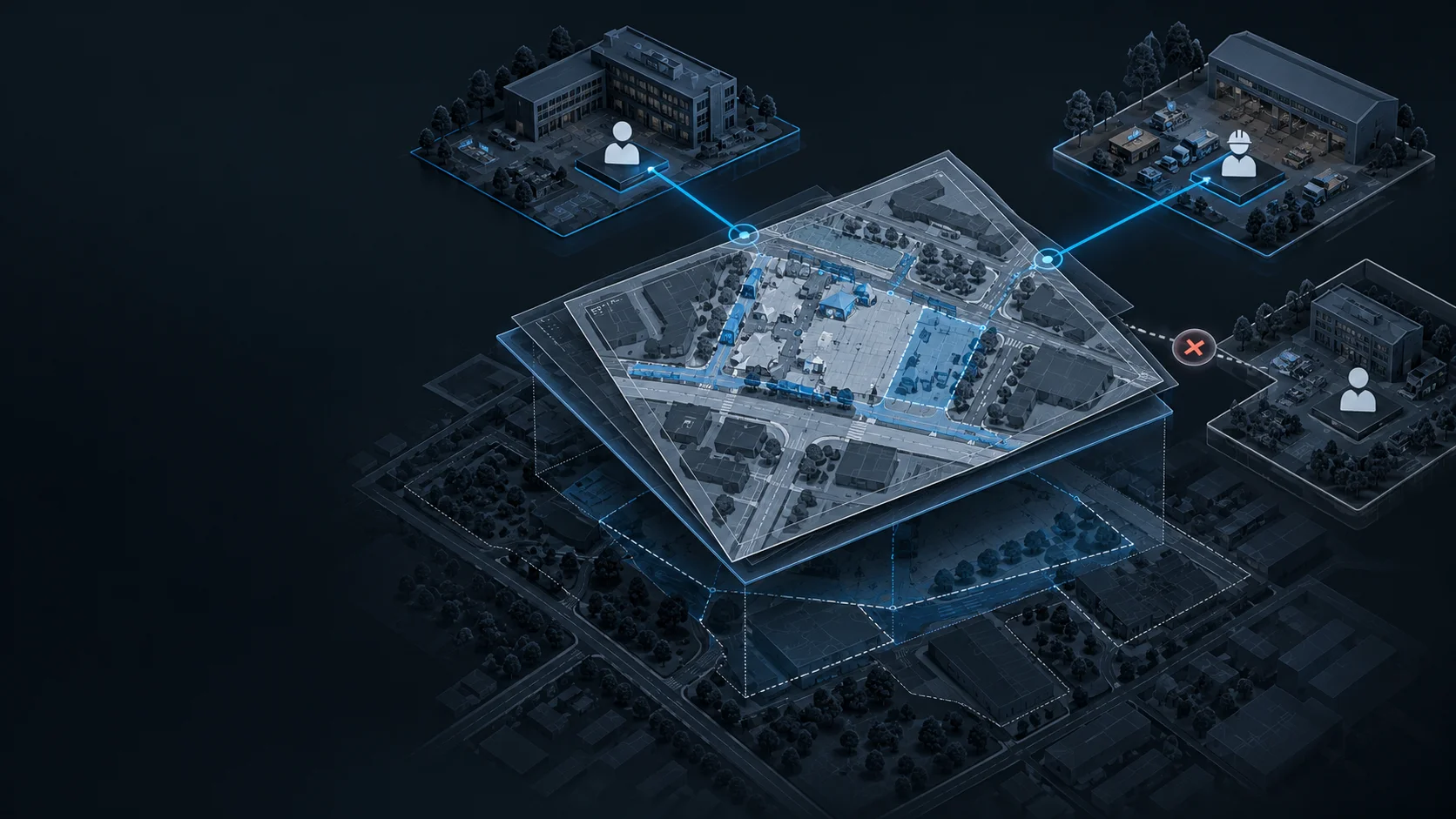 Sicherheitsportal 6 Gestapelte Planebenen eines Veranstaltungsgeländes über einem Stadtmodell; zwei Organisationen sind mit dem Plan verbunden, die Verbindung zu einer dritten Organisation ist mit einem roten Kreuz unterbrochen