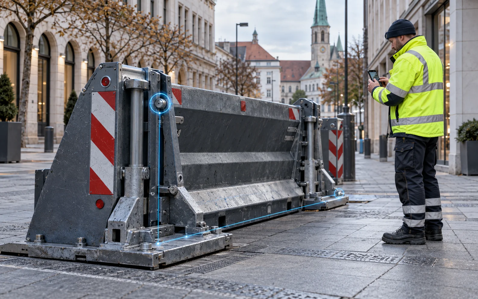 Zufahrtsschutz 4 Kontrollfahrer in Warnkleidung dokumentiert in einer Fußgängerzone eine mobile Fahrzeugsperre mit dem Smartphone
