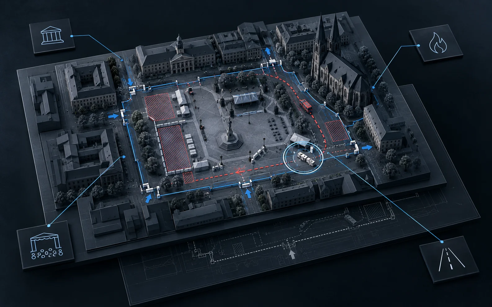 Veranstaltungssicherheit 2 Dreidimensionales Stadtmodell eines Veranstaltungsplatzes mit Sperrstellen, Zufahrten und rot markiertem Einsatzweg, verbunden mit Symbolen für Behörde, Feuerwehr, Veranstaltung und Verkehr