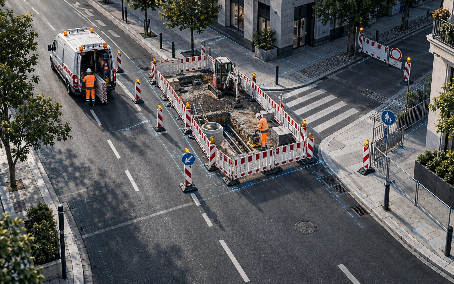 Lösungen 2 Abgesicherte Straßenbaustelle an einer innerstädtischen Kreuzung mit rot-weißen Absperrschranken, Leitbaken, Verkehrszeichen, einem Verkehrssicherungsfahrzeug und Arbeitskräften an der Baugrube