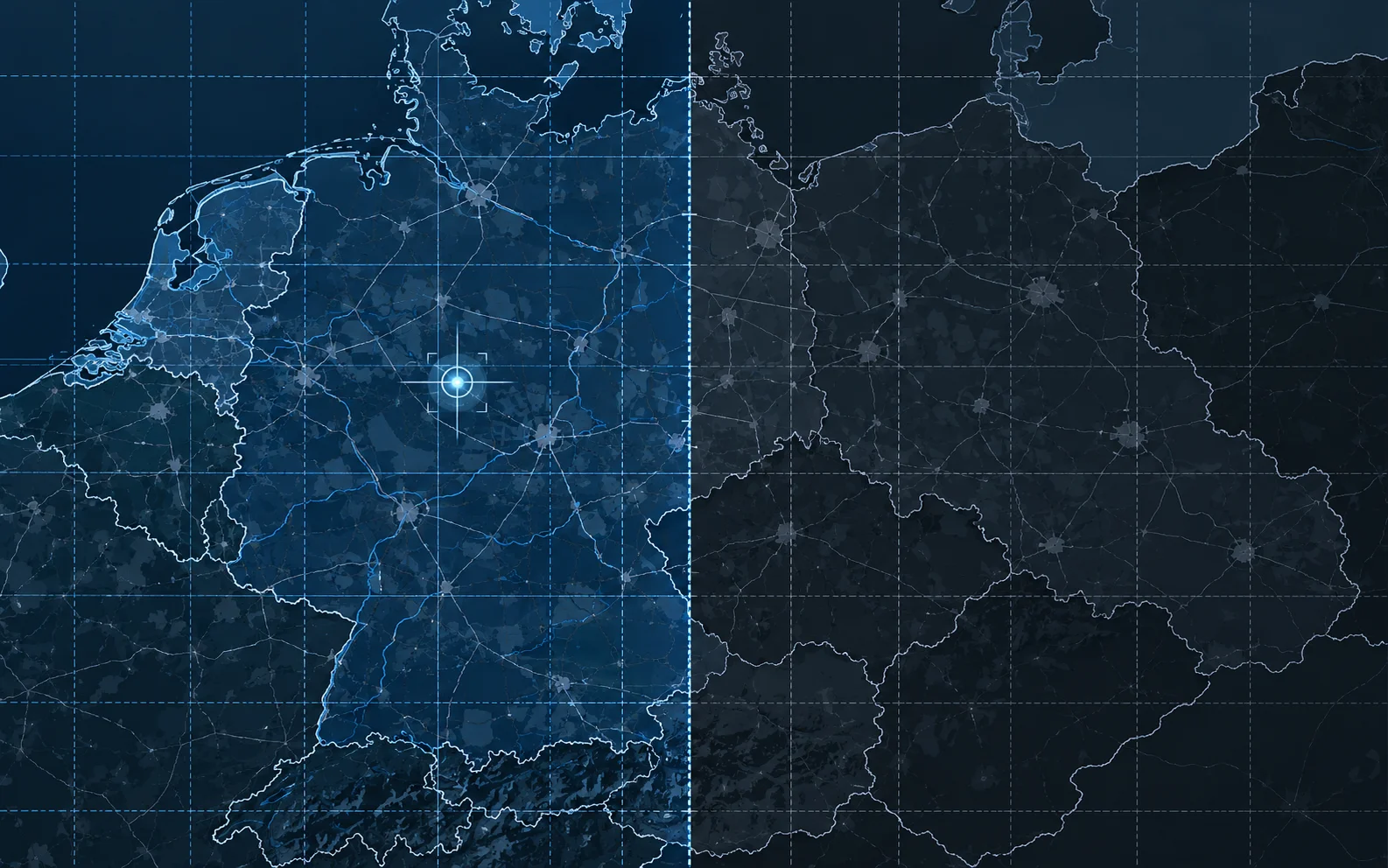 Koordinaten-Umrechner 4 Dunkle Karte Mitteleuropas mit Koordinatenraster, einer hervorgehobenen westlichen Zone und einer gestrichelten Zonengrenze durch Deutschland