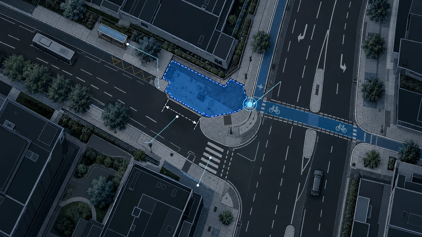 Luftbild einer Kreuzung mit einer blau markierten Fläche an einer Gehwegecke, einer Maßlinie zur Fahrbahn sowie Verweisen auf Bushaltestelle, Radweg und Fußgängerüberweg