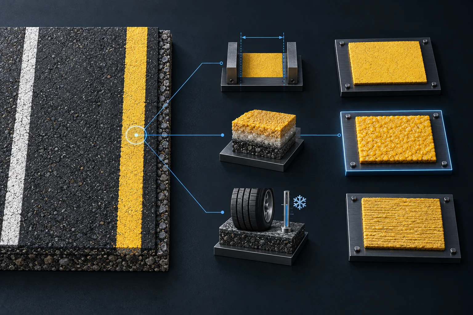 Gelbe temporäre Fahrbahnmarkierung auf Asphalt, verbunden mit schematischen Prüfaufbauten und drei Materialproben