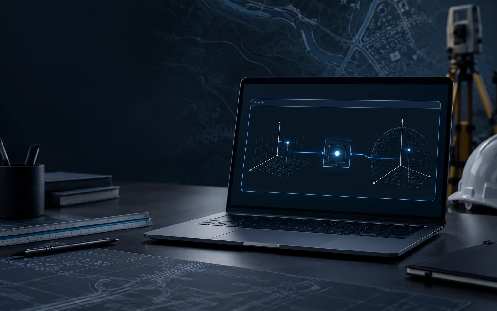 Koordinaten-Umrechner 6 Laptop auf einem Schreibtisch mit einer abstrahierten Darstellung einer Koordinatentransformation im Browserfenster, daneben Bauhelm, Lineal und Vermessungsinstrument