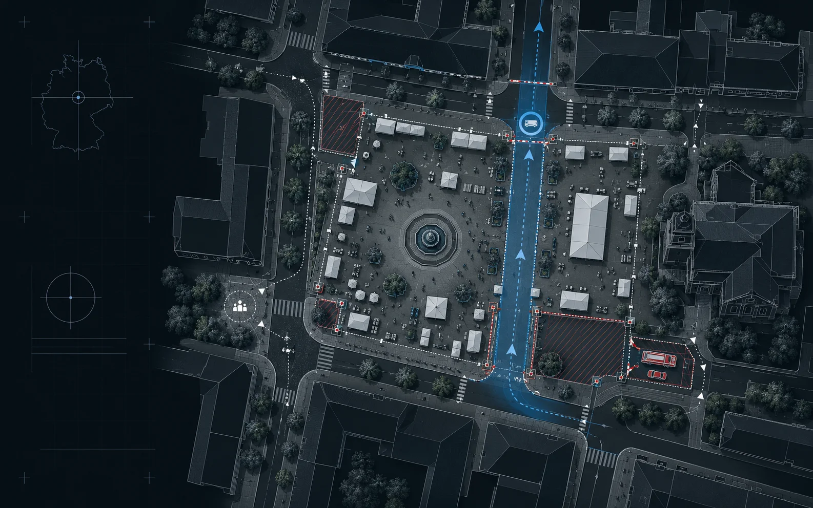 Veranstaltungssicherheit 4 Lageplan einer Veranstaltungsfläche in der Draufsicht mit Zelten, Sperrstellen, schraffierten Sicherheitsbereichen, Sammelpunkt und blau hervorgehobener Durchfahrt für Einsatzfahrzeuge